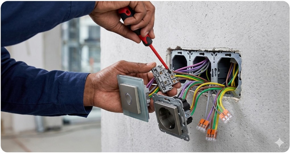 Raccordement de prises et interrupteurs, câblage et connecteurs en coffret